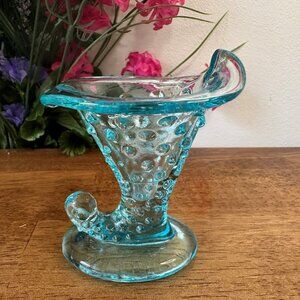Fenton Aqua Blue Hobnail Cornucopia Glass Vase‎ Vintage Art Glass Collectible